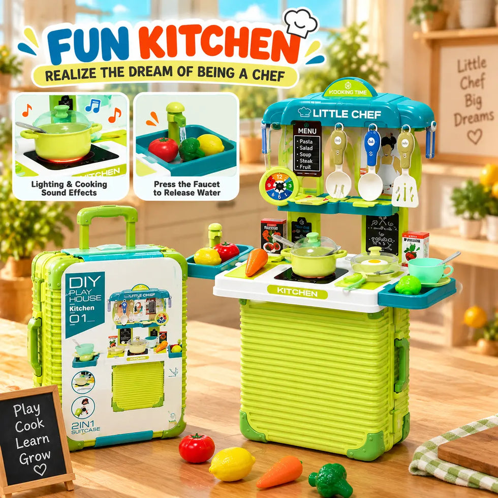 2-in-1 Portable Kitchen Play Set & Trolley Suitcase Toy
