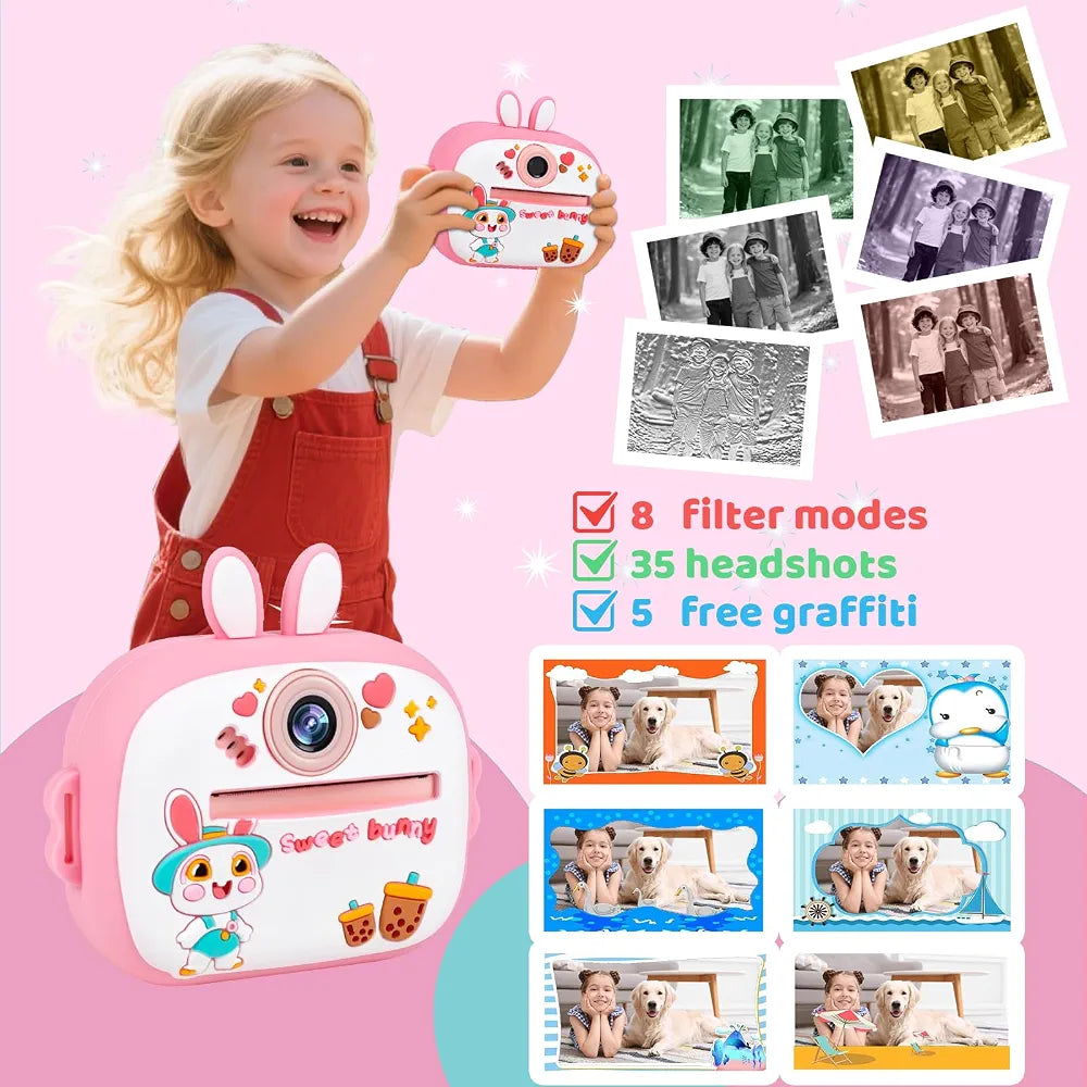 Kids Instant Print Camera with 2.4" Screen, 1080P HD Video