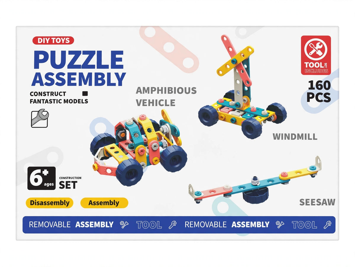 PUZZLE ASSEMBLY 160 PCS TOOL SET, WINDMILL, SEESAW, AMPHIBIOUS VEHICLE