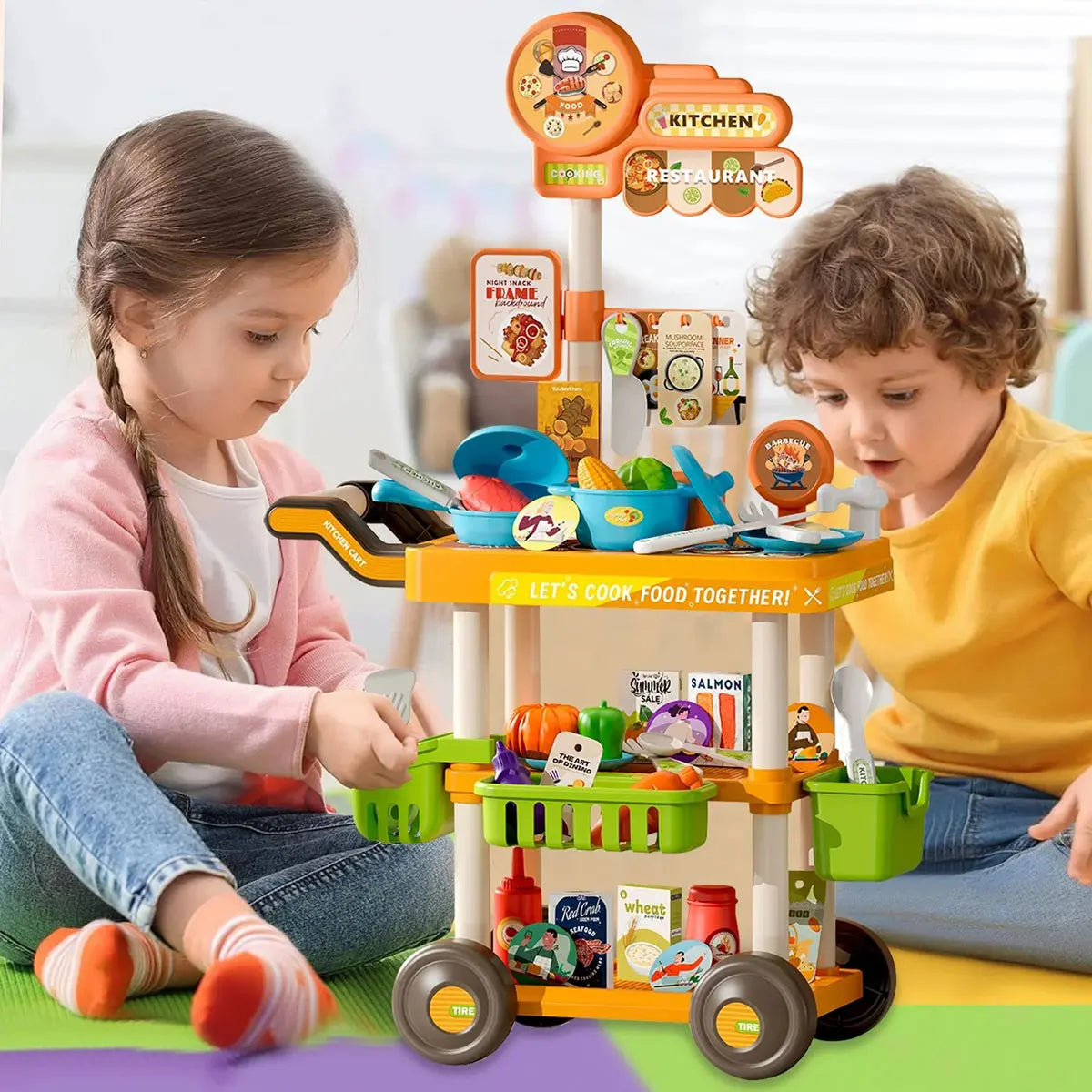 Playhouse Kitchen Tableware Cart Pretend Play Set