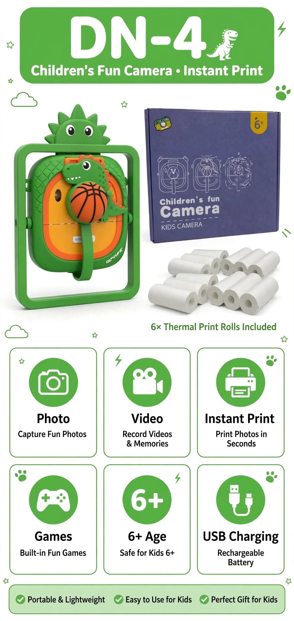 Dinosaur Instant Print Camera 1080P HD