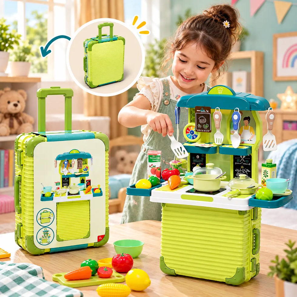 2-in-1 Portable Kitchen Play Set & Trolley Suitcase Toy